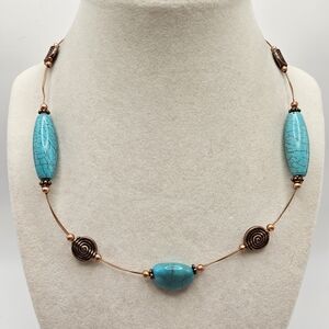 VINTAGE Genuine Turquoise and Copper Beaded Station Strand Necklace Boho